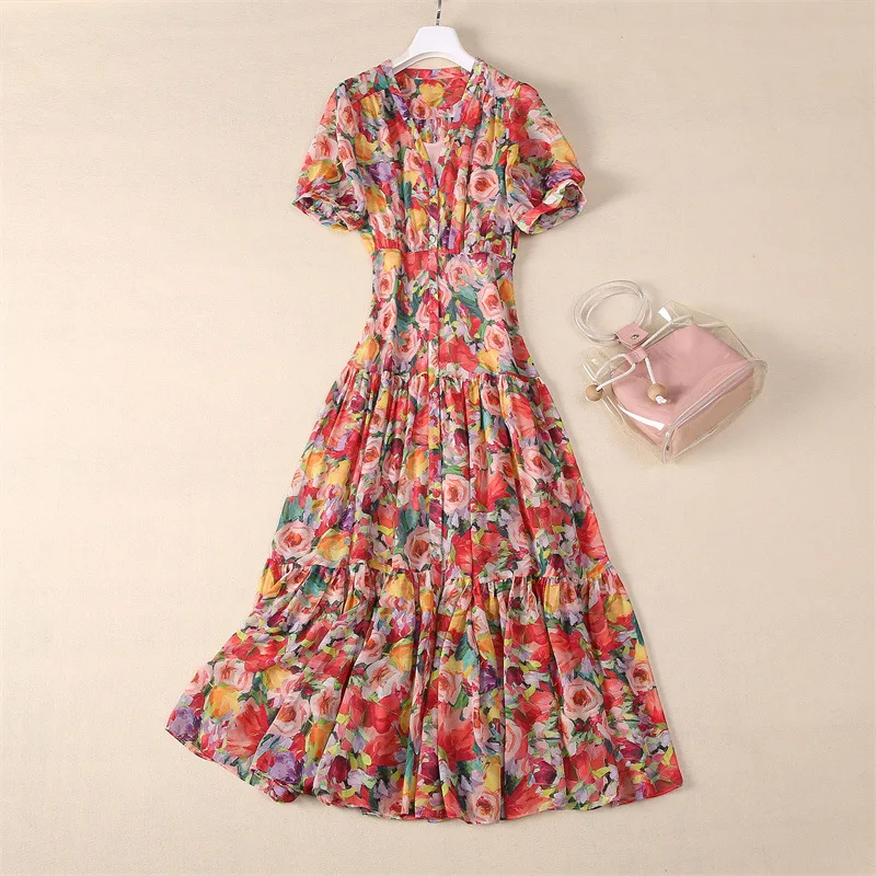 

Europe and the United States women's 2024 summer new V-neck Short sleeve flower print fashion Single-breasted dress