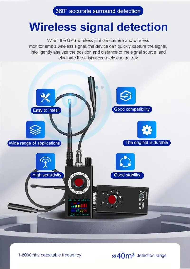 K19 RF detector shown handheld against a light background