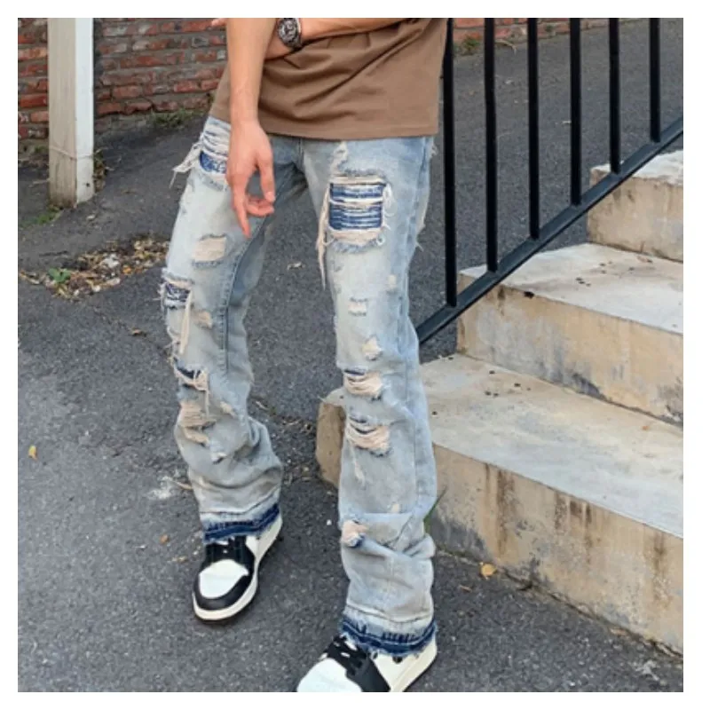 Jeans Apilados Para Hombre Y2k Ajuste Ceñido Skinny Rasgados