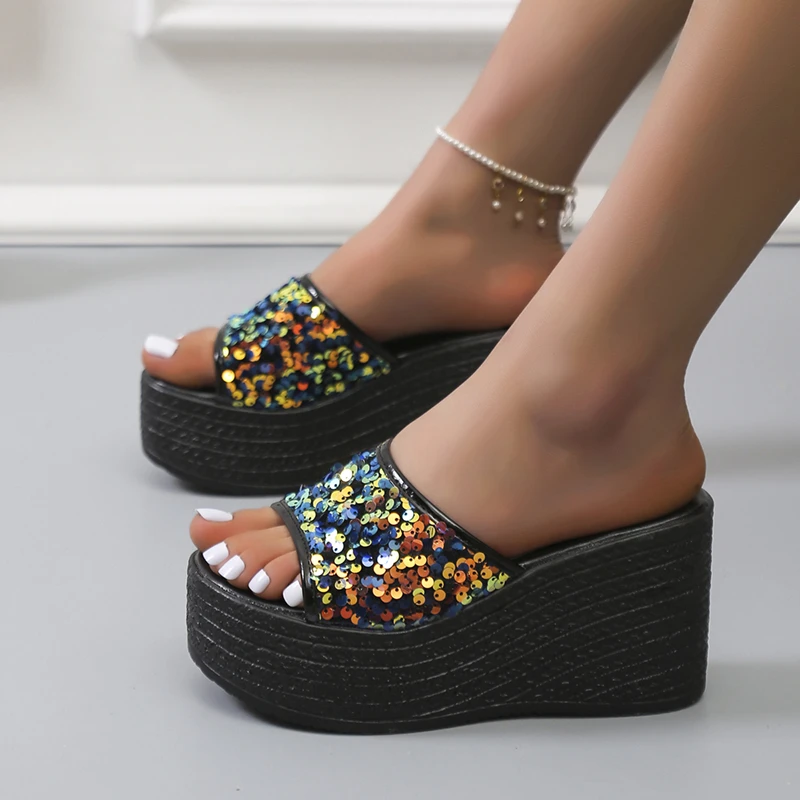 Women's large size wedge thick heel flat peep toe sandals