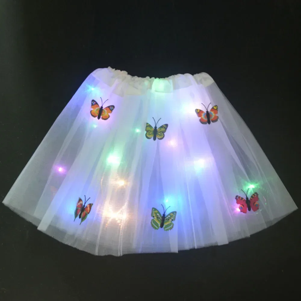 Princess Girl Butterfly Light Up Fairy Tutu LED Skirt Glow Flower Crown Headband Birthday Gift Fancy Party Wedding Festival birthday party decorations glow headband luminous hair bands tutu skirts led dance costume