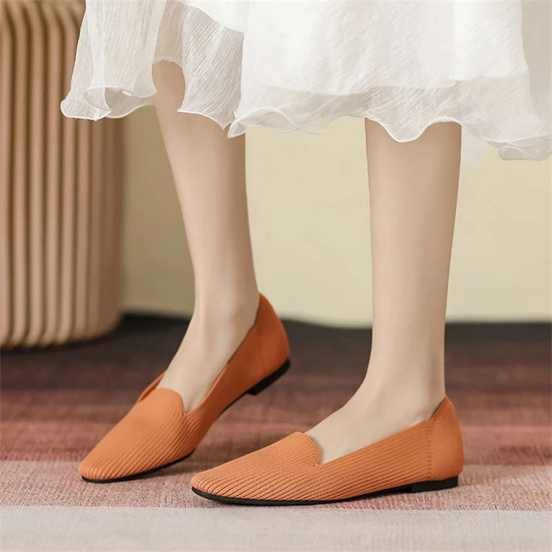 Spring Summer 2024 New Flat-bottomed Square Head Breathable Comfort Women's One Kick Knitted Casual Shallow Shoes Comfortable
