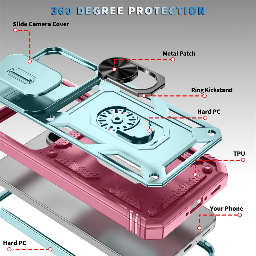 360° Rotating Ring Holder Phone Case with Slide Camera Protection and Kickstand Functionality