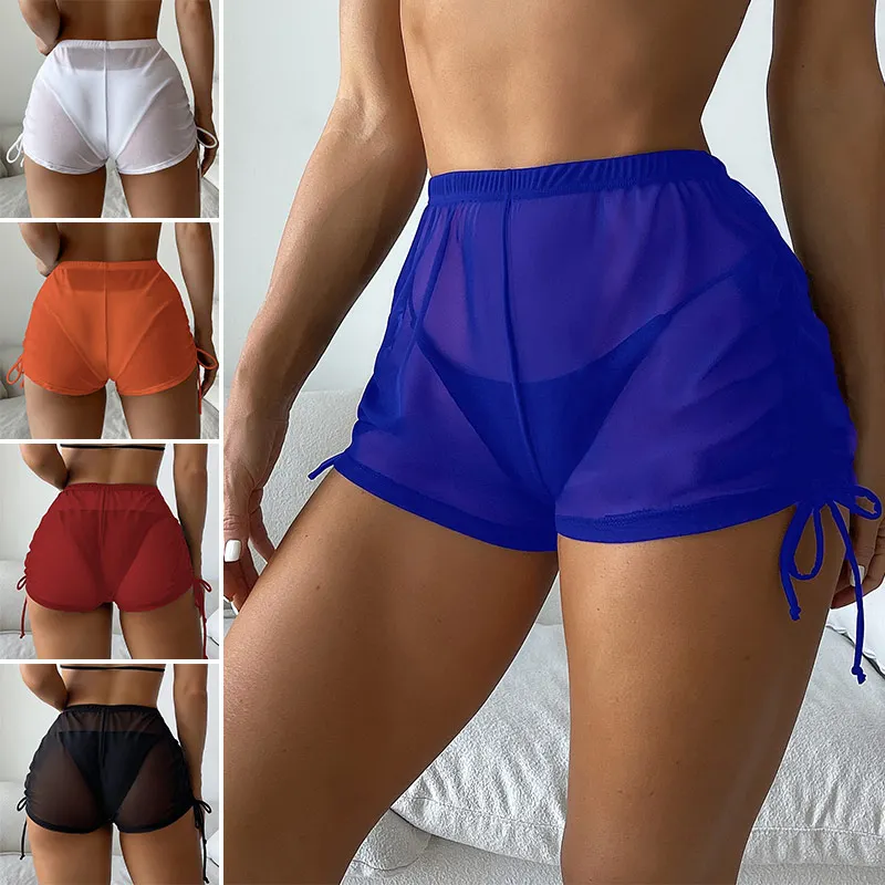 

Women's Swimwear Drawstring Bikini Cover Summer Transparent Beach Shorts Mesh