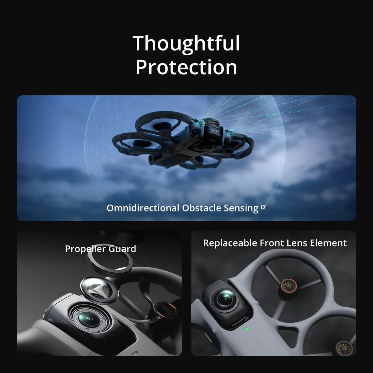 Gros plan sur la caméra 360° du Avata 360 Drone 8K HDR 1 Pouce, prête à filmer des paysages époustouflants