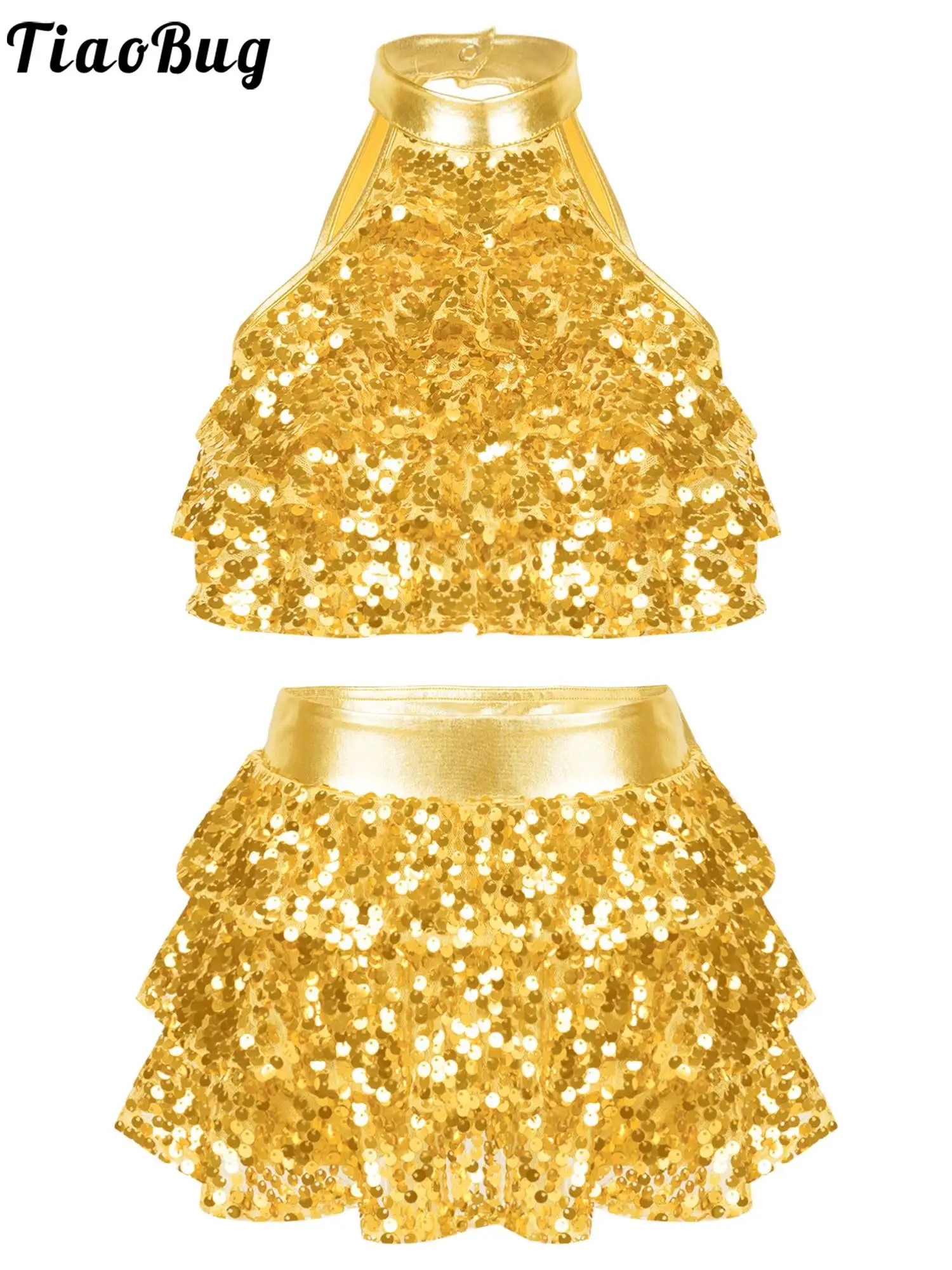 Kids Girls Stylish Clothing Sleeveless Round Collar Backless Shiny Sequins Tiered Crop Top with Elastic Waistband Skirt dance