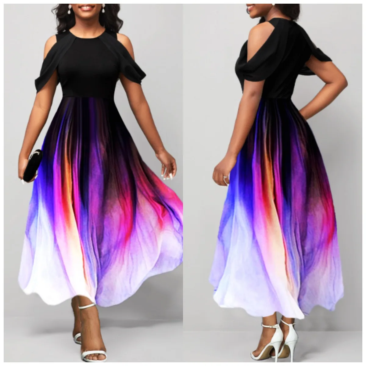 

Women's Dress 2023 Summer Party New Gradient Print Short Sleeve Round Neck Swing Skirt Cold Shoulder Short Sleeve Long Dress