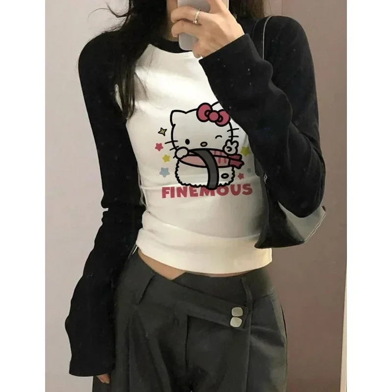 

Sanrio HelloKitty Cartoon Long-sleeved T-shirt Female Anime Pure Cotton Raglan Cute Girly Heart Sweatshirt Autumn Slimming Top