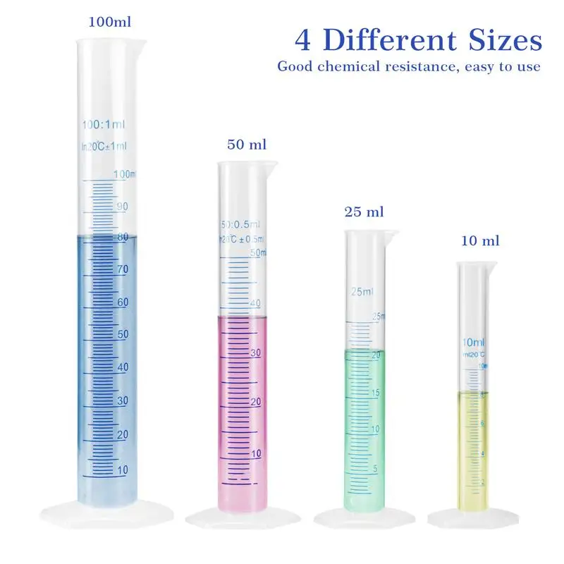 Plastic Measuring Cylinder 4Pcs Cylinder Measuring Graduated Plastic 100Ml 50Ml Test Tube Set 10Ml Lab Cup Science Transparent Ml Beakers