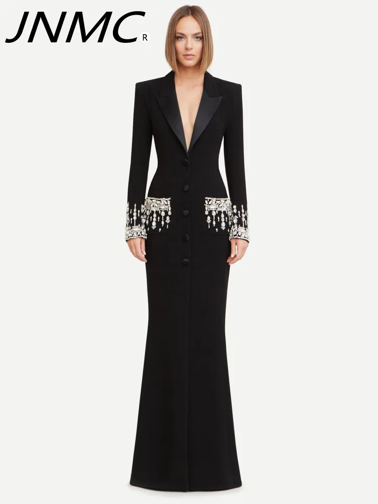 

JNMC 2024 Ladies Solid Color Fashion Elegant Heavy Industry Nailed Beaded Diamond Lapel Suit Collar Dress Gown Fishtail Skirt