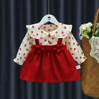 New Girls' Large Polo Collar Spring and Autumn Dress Children's Flower Print Spliced Solid Color 3D Flower Princess Dress 5