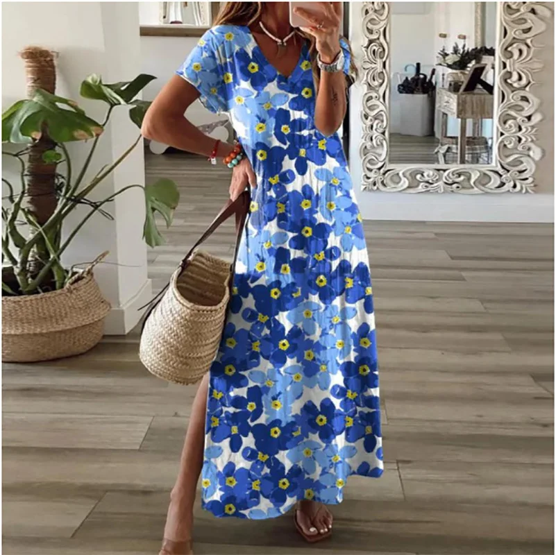 

Summer Fashion Floral Print Boho Style 2021 Women's Short-sleeved V-neck Dress for Women Beach Party Sexy Split Dress Vintage