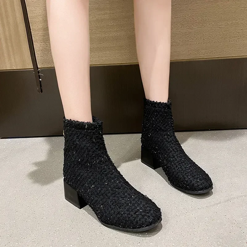 

Женские ботинки на квадратном каблуке, теплые однотонные ботильоны с молнией сзади, зимняя обувь, 2023