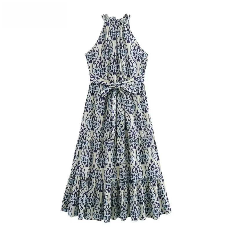 

ASDS women fashion summer new sexy backless with belt printed halter collar midi dresses chic female French elegance evening