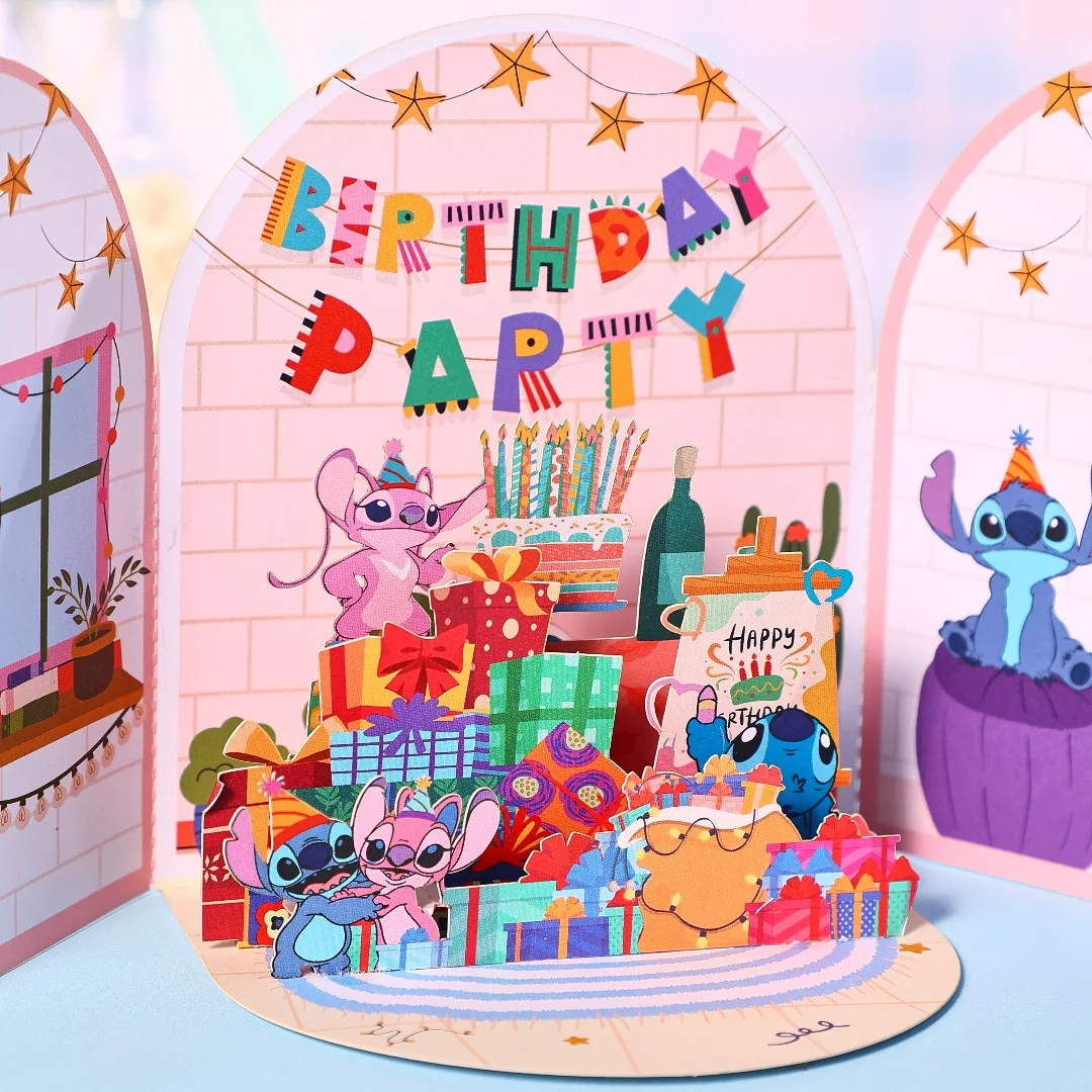 Stitch Celebrate Birthday Greeting Card Creative Double Door Pop Up 3D Card Boojiboo & Angel Birthday Postcard Gifts greeting cards