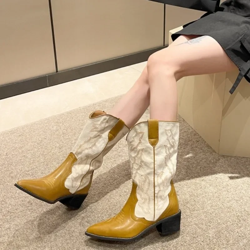 

Лидер продаж 2023, женская обувь, женские сапоги до середины икры, модные современные сапоги с вышивкой, Женская привлекательная обувь с острым носком, женская обувь