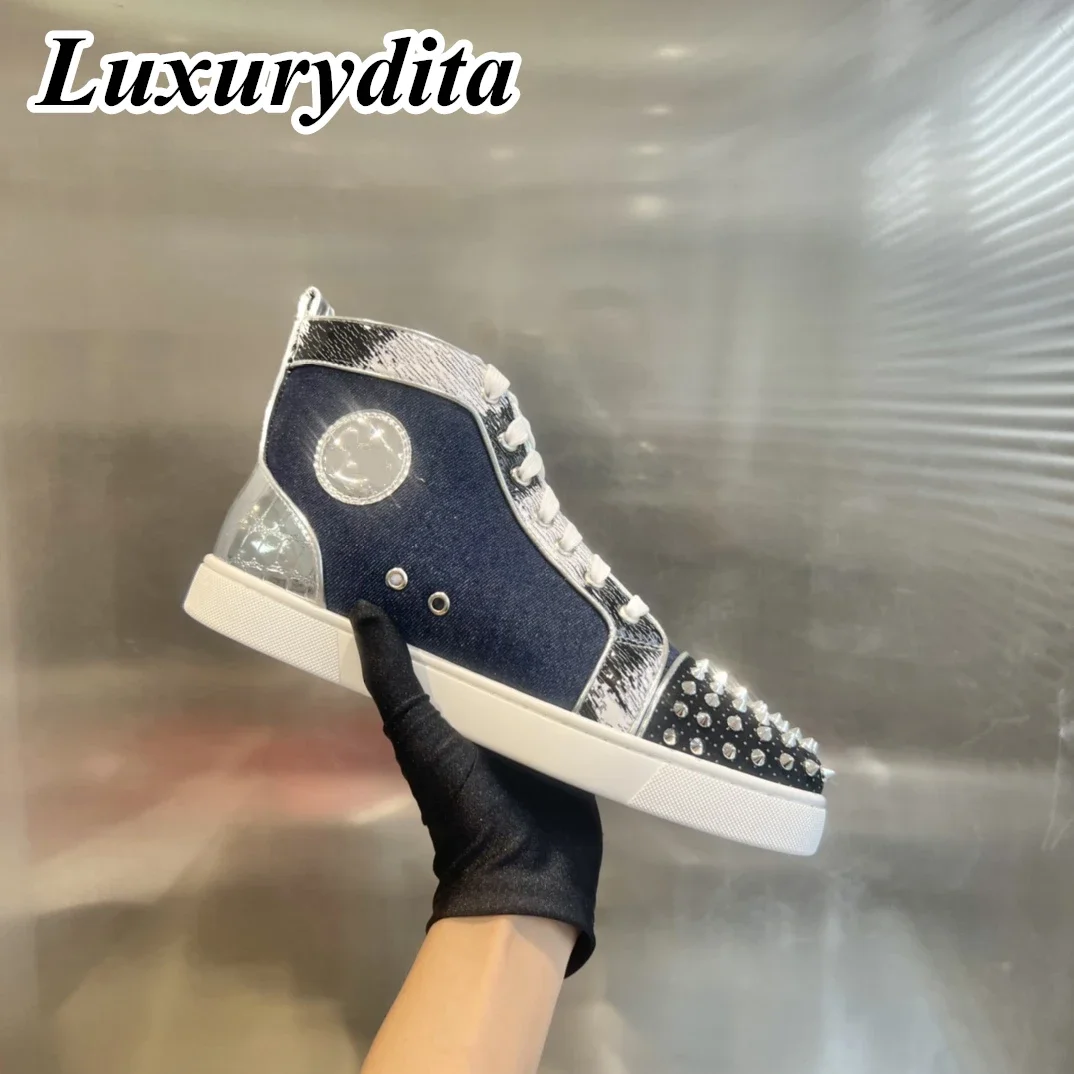 LUXURYDITA Designer Men Casual Sneakers Real Leather Rivet Luxury Womens Tennis Shoes 35-47 Fashion Unisex loafers HJ779