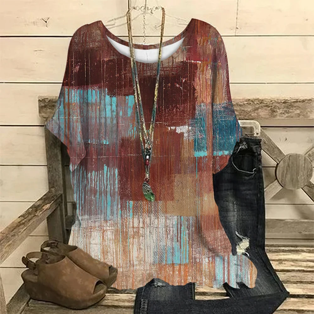 

Модная женская одежда, женская футболка с коротким рукавом, Женская Повседневная футболка с принтом в стиле пэчворк, свободный Женский пуловер с круглым вырезом