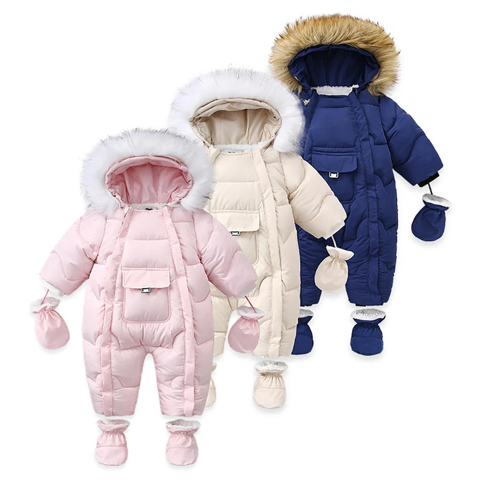 

Baby Clothes Overalls for Children Winter Hooded with Fur Warm Infant Romper Jumpsuit Kids Clothing Toddler Christmas Rompers