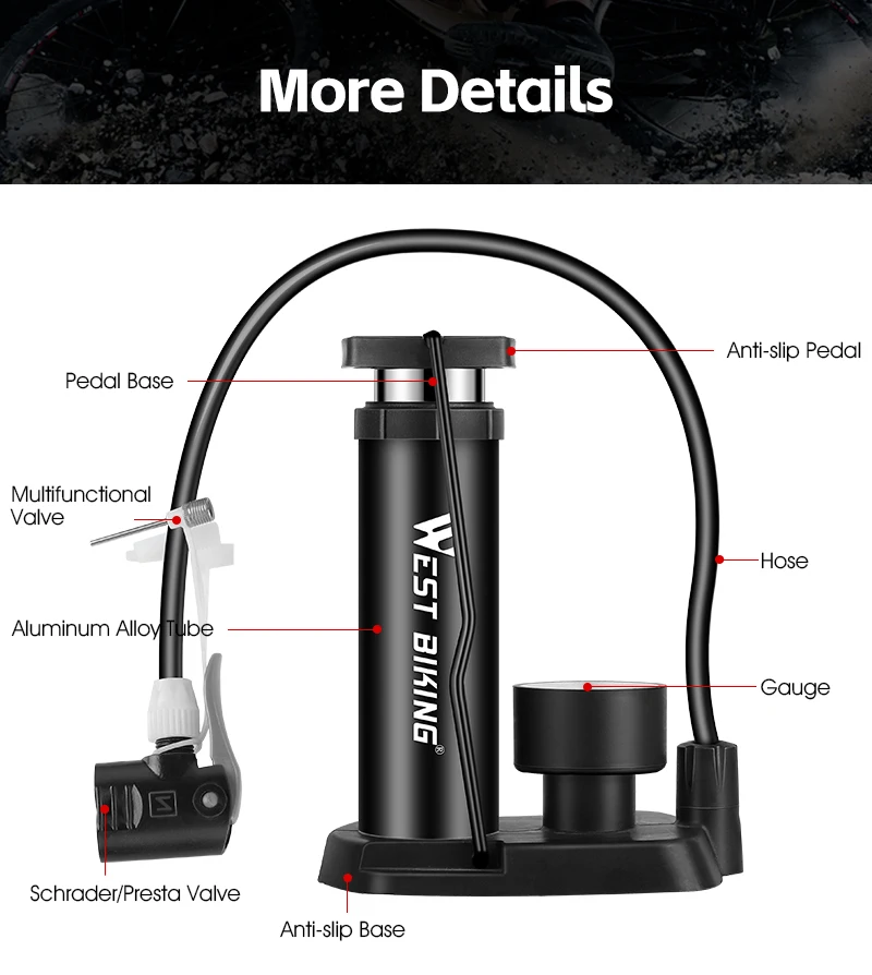 WEST BIKING Fußpedal-Minipumpe 120 PSI mit Manometer aus Aluminiumlegierung für Presta- und Schrader-Ventile, geeignet für MTB, Rennräder, Bälle und Spielzeug. – Detail 9