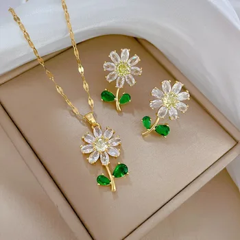7 stile classico placcato oro botanico girasole ciondolo collana orecchini set di gioielli nuova tendenza donna casual regalo di gioielli per feste 1