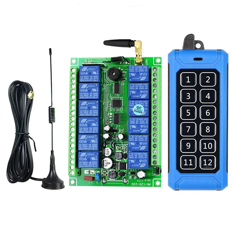 

433mhz DC12V 24V 48V 12 CH Relay RF Wireless Remote Control Switch Receiver Transmitter Suction Antenna For LED Light or Motor