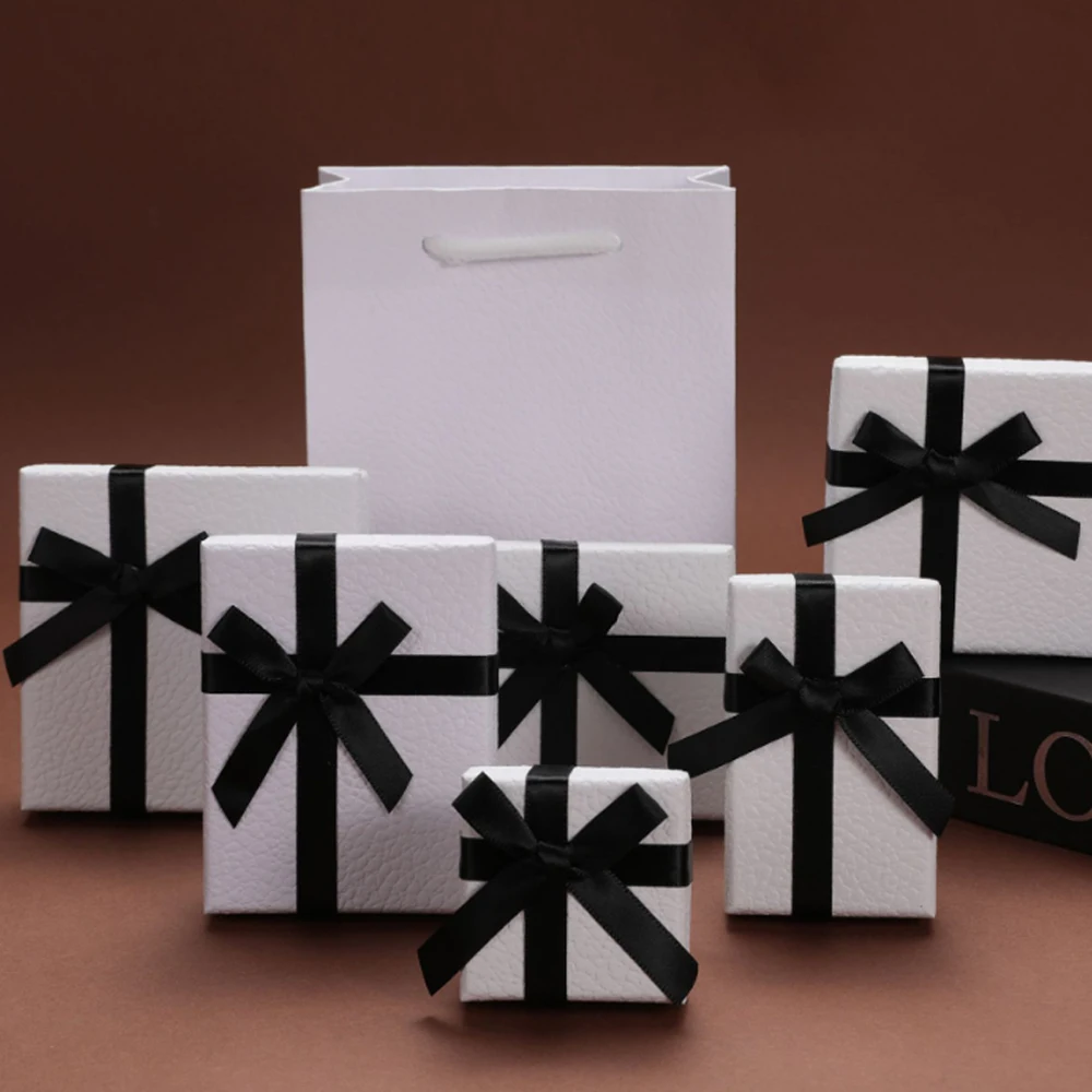 24Pcs White Paper Jewelry Cardboard Box With Blcak Bowknot Rings Earring Bracelets Necklaces Packaging Organizer Wedding Display