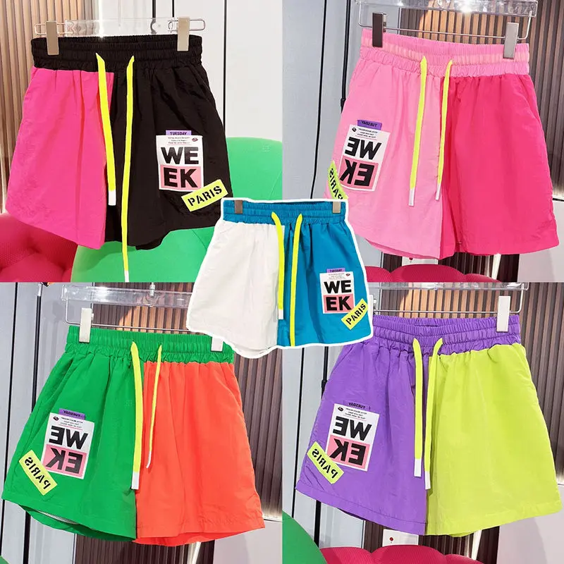 

Summer Women Color Contrast Panel Sports Shorts Ladies Casual Elastic Waist Letter Print Street Wear Sport Short Pants Pink