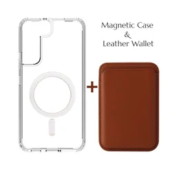 Magnetic Leather Wallet with Wireless Charging Compatibility - Galaxy S25FE (Clear and Brown)