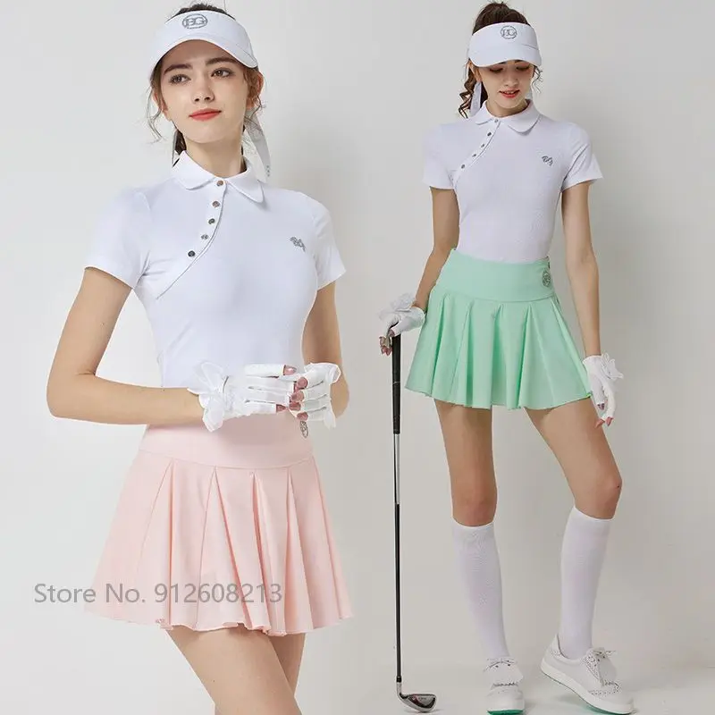 

Blktee Female Short-sleeved Golf T-shirts Breathable Quick-dry Tops Women Anti-exposure Golf Skirt Pleated Sports Culottes S-XXL