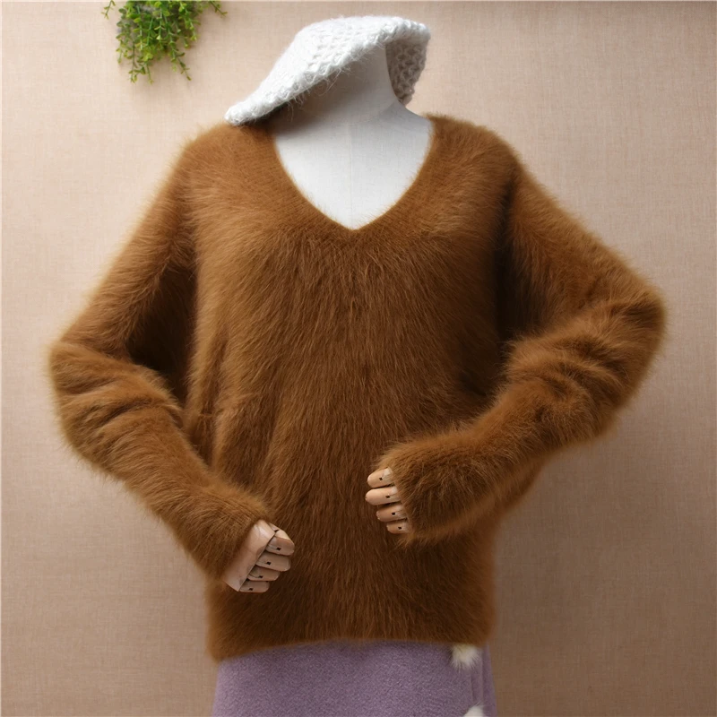 

female women autumn winter clothing hairy mink cashmere knitted long batwing sleeves v-neck loose pullover angora fur sweater