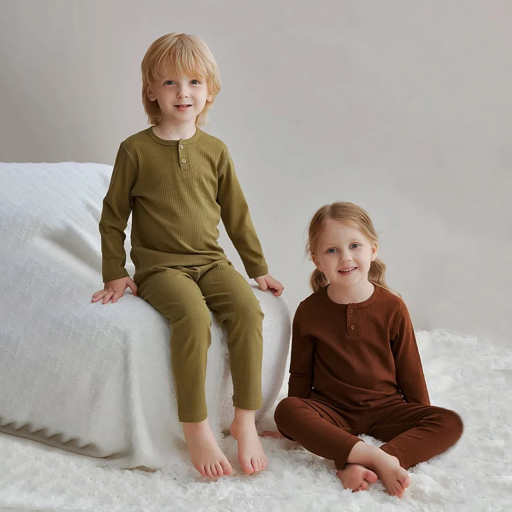 أطقم بيجامات أطفال من القطن الناعم بأكمام طويلة ورقبة مستديرة + سراويل ضيقة لربيع الخريف ملابس نوم للأطفال