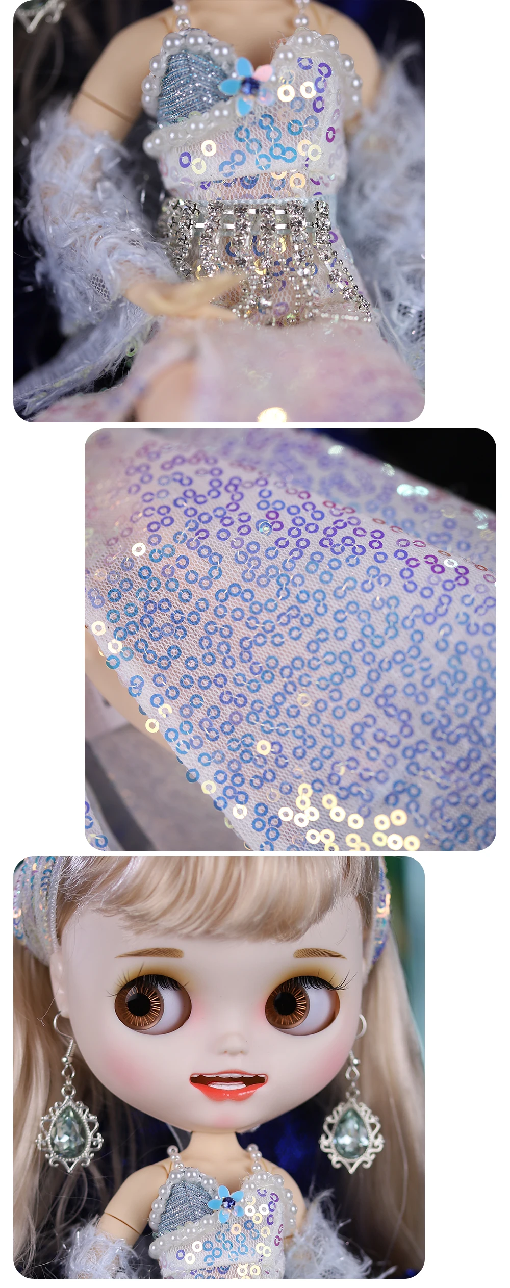 Neo Blythe Doll Shiny Bowl Dress with Earrings & Head Dress 2