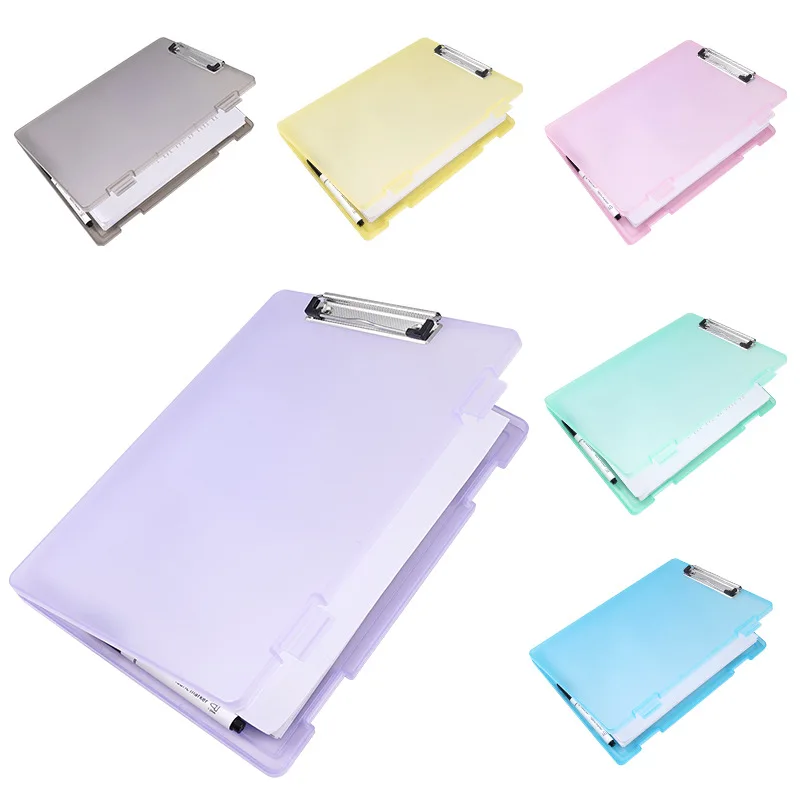 Multifunctional file box a4 pen slot transparent desktop archive file organizer box board clip plastic writing board