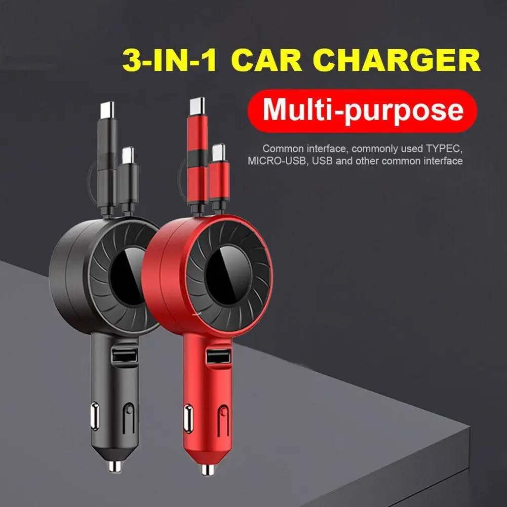 

3 in 1 Car Charger USB Cable Retractable Fast Charger Adapter USB Type C Car Quick Charger Micro USB for Samsung iPhone