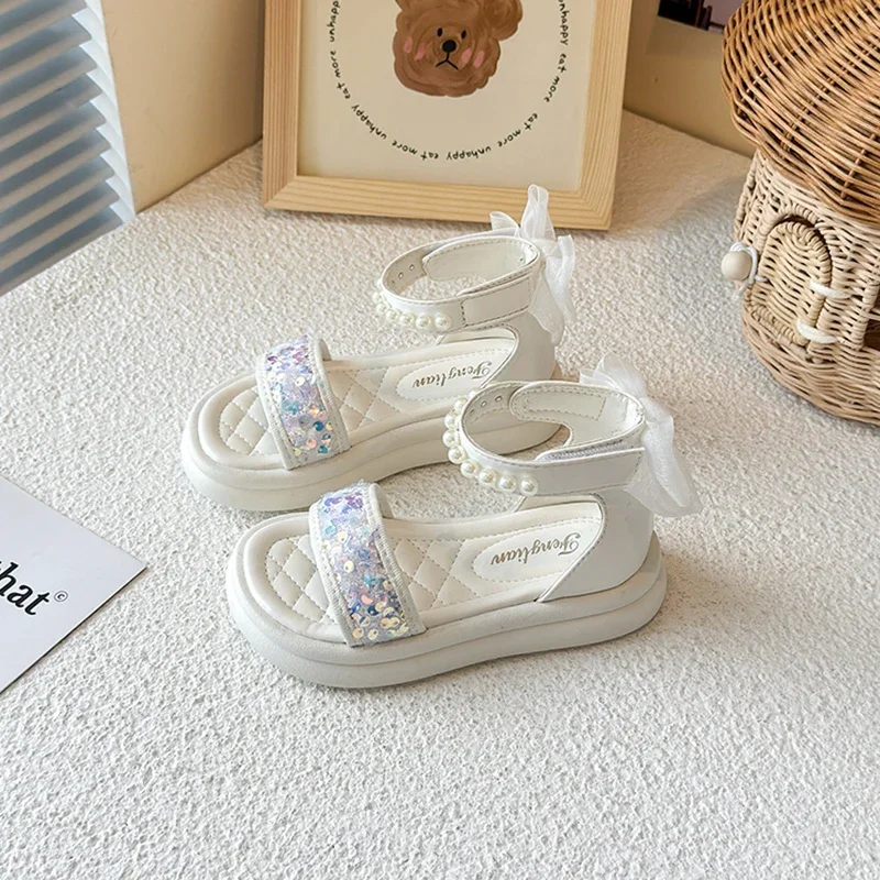 Kids Pearl Sequin High Top Sandals for Wedding Party