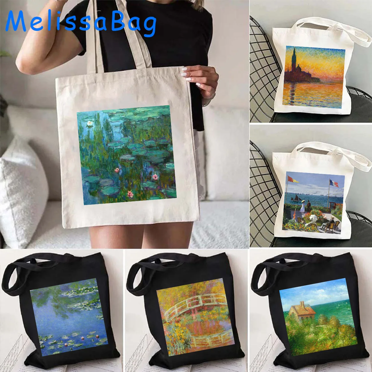 

Claude Monet Canvas Shoulder Tote Bag Water Lilies Painting Garden Flowers Bridge Tulip Sunrise Harajuku Shopper Cotton Handbags