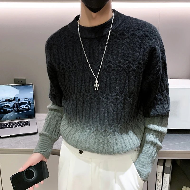 

Brand Autumn Winter Gradient Knitted Sweater for Men Long Sleeved Round Neck Knitted Pullover Casual social Knitwear Tops 2023