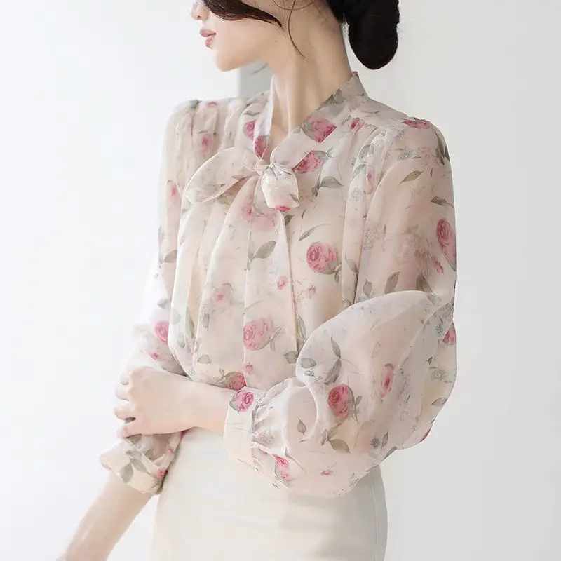2023 New Spring and Summer Vintage Fashion French Print Lace Up Bow Tie Bubble Sleeve Commuter Simple Versatile Women's Shirt