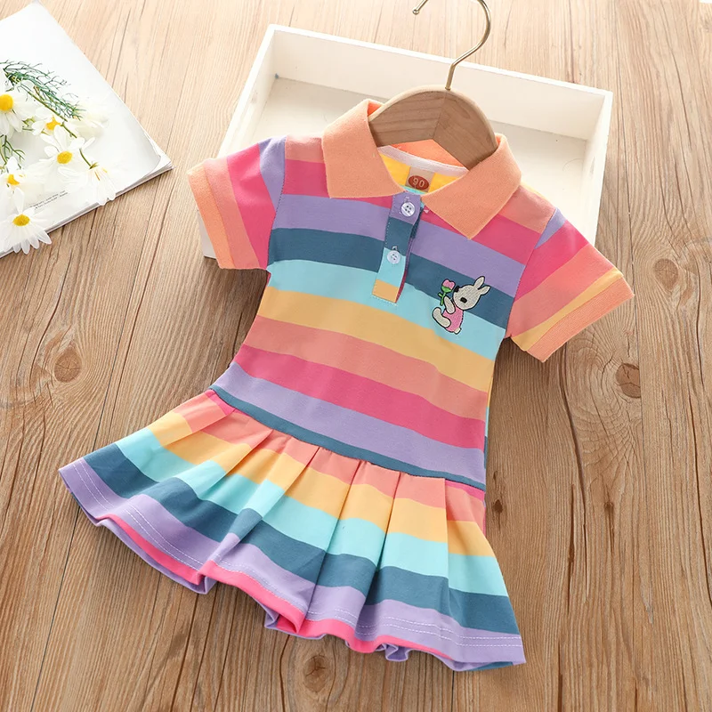 Vestito da Principessa per Bambine, Moda Estiva, Manica Corta con Ricamo Coniglietto e Strisce Arcobaleno - immagine 3