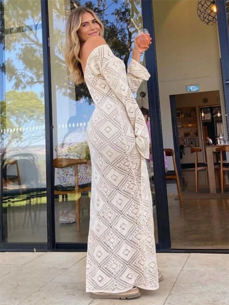 See-Through Loose Dress Flared Sleeve For Women Backless Hollow Out Holiday Beach Outfits V-Neck Pullover Maxi Dress 2025