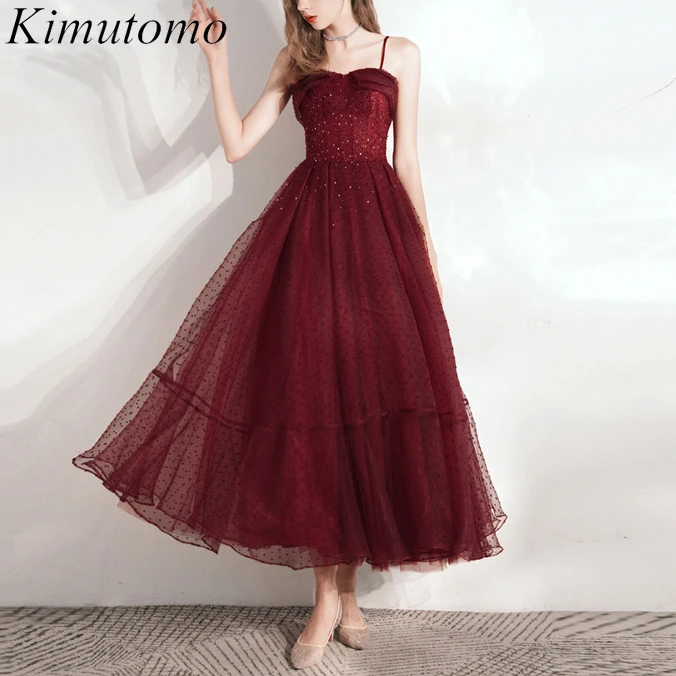 

Kimutomo блестящее красное Сетчатое вечернее платье в горошек 2022 Элегантное свадебное платье миди без рукавов без бретелек обручальное платье