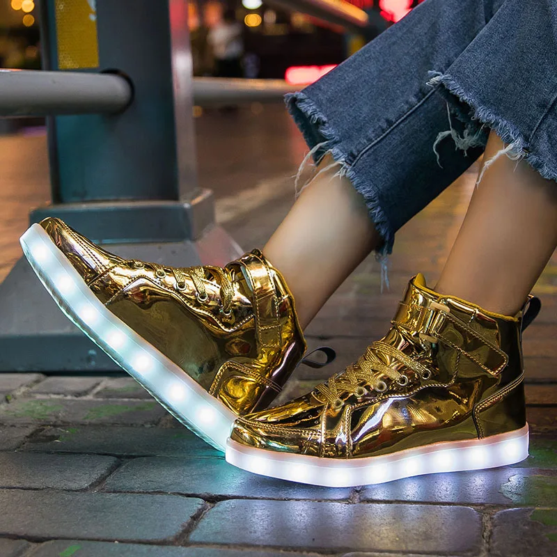 Brand Kids High-tops Lights Up Shoes USB Charger Basket LED Children Shoes Trendy Kids Luminous Sneakers Sports Tennis Shoes
