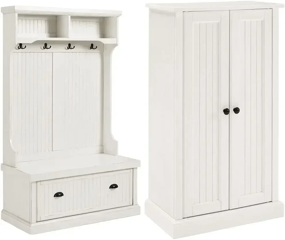 Crosley Furniture Seaside Hall Tree, Entryway Bench with Coat Rack and Shoe Cabinet, Distressed White 6