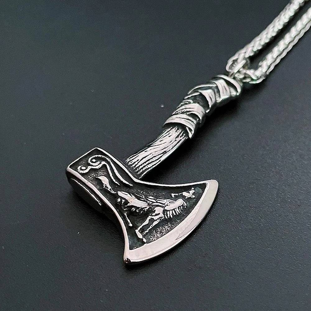 

Винтажное ожерелье с подвеской в виде топора викингов для мужчин из нержавеющей стали в скандинавском стиле один, волк, блестящая цепочка, а...