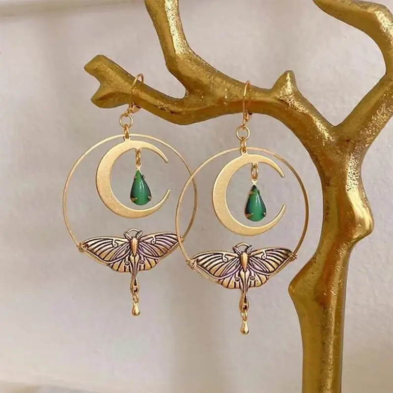 

Newest Halloween Butterfly Earrings Vintage Metal Crescent Earrings Boho Hollow Carved Moth Waterdrop Tassel Earrings