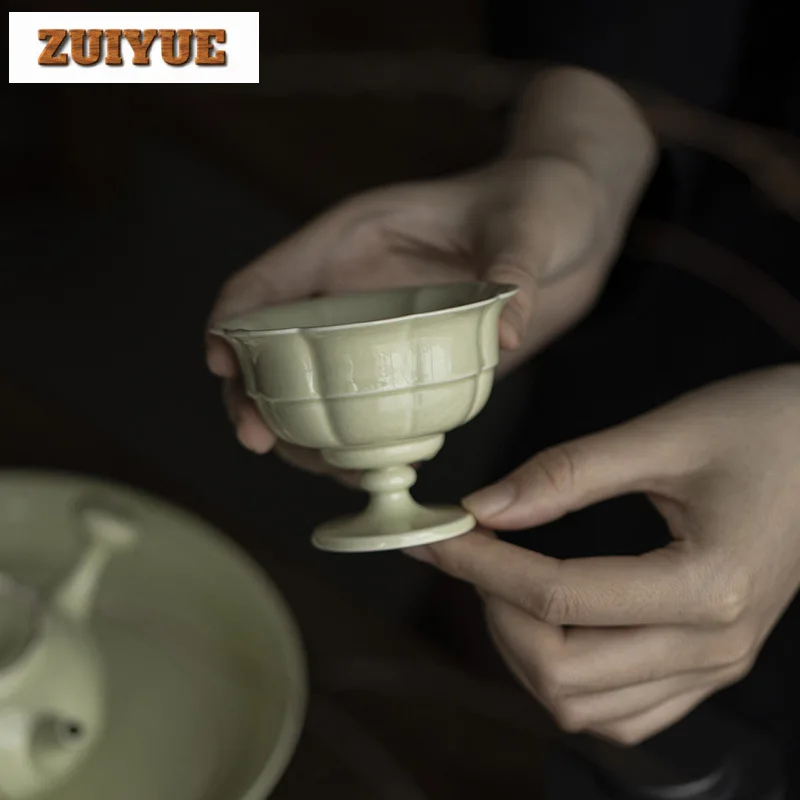 90ml Handmade Reed Green Master Cup Boutique Flower Mouth Teacup Retro High-feet Meditation Cup Chazhan Chinese Tea Set Crafts