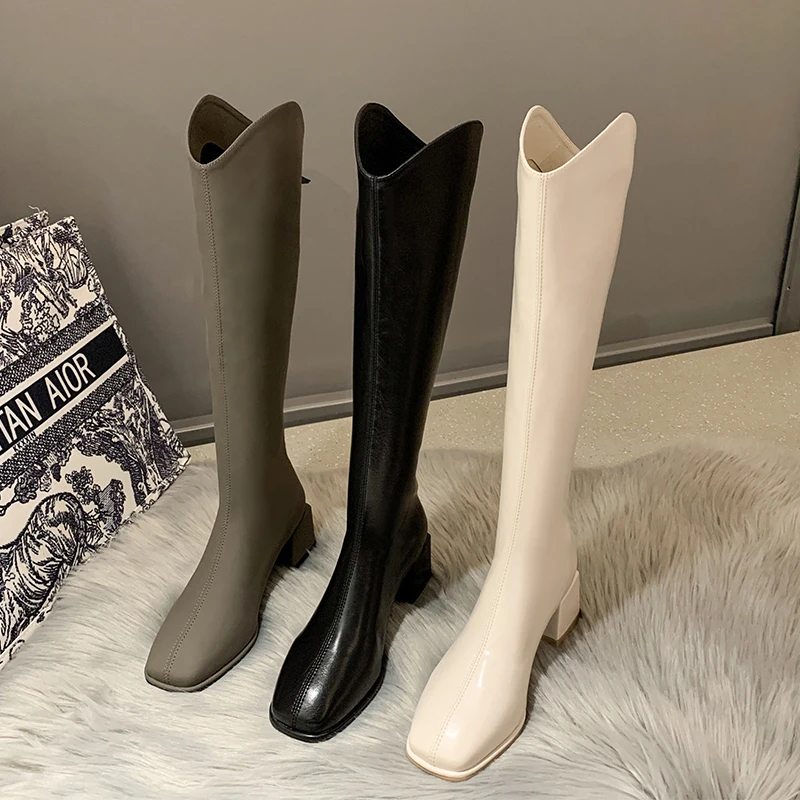 Square-toe Women Knee-length Boots Rear Zip Square Heel Mid-calf Boots New Knight Boots Black Shoes Plus Velvet Warm Women Boots