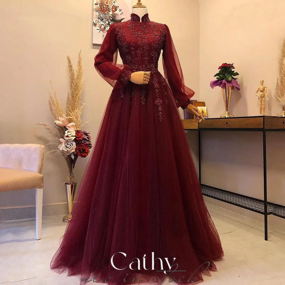 

Роскошное кружевное платье-трапеция для выпускного вечера Cathy 2024, элегантный фатиновый материал с высоким воротом