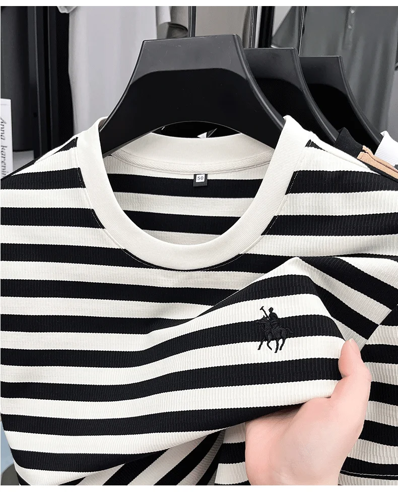 High-End-Herren-Kurzarm-T-Shirt der Modemarke Paul Pony, besticktes, sommerliches, bequemes, lässiges, klassisches, gestreiftes Rundhals-Top – Detail 13